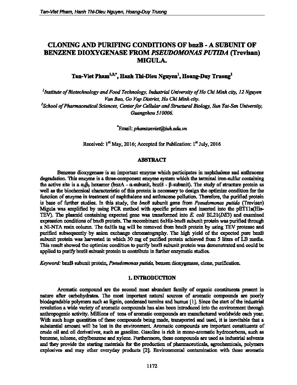 Cloning and purifing conditions of bnzB - A subunit of benzene dioxygenase from Pseudomonas putida (Trevisan) migula