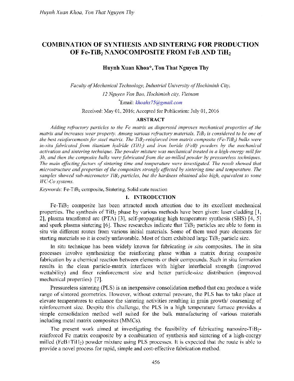 Combination of synthesis and sintering for production of Fe-TiB2 nanocomposite from FeB and TiH2