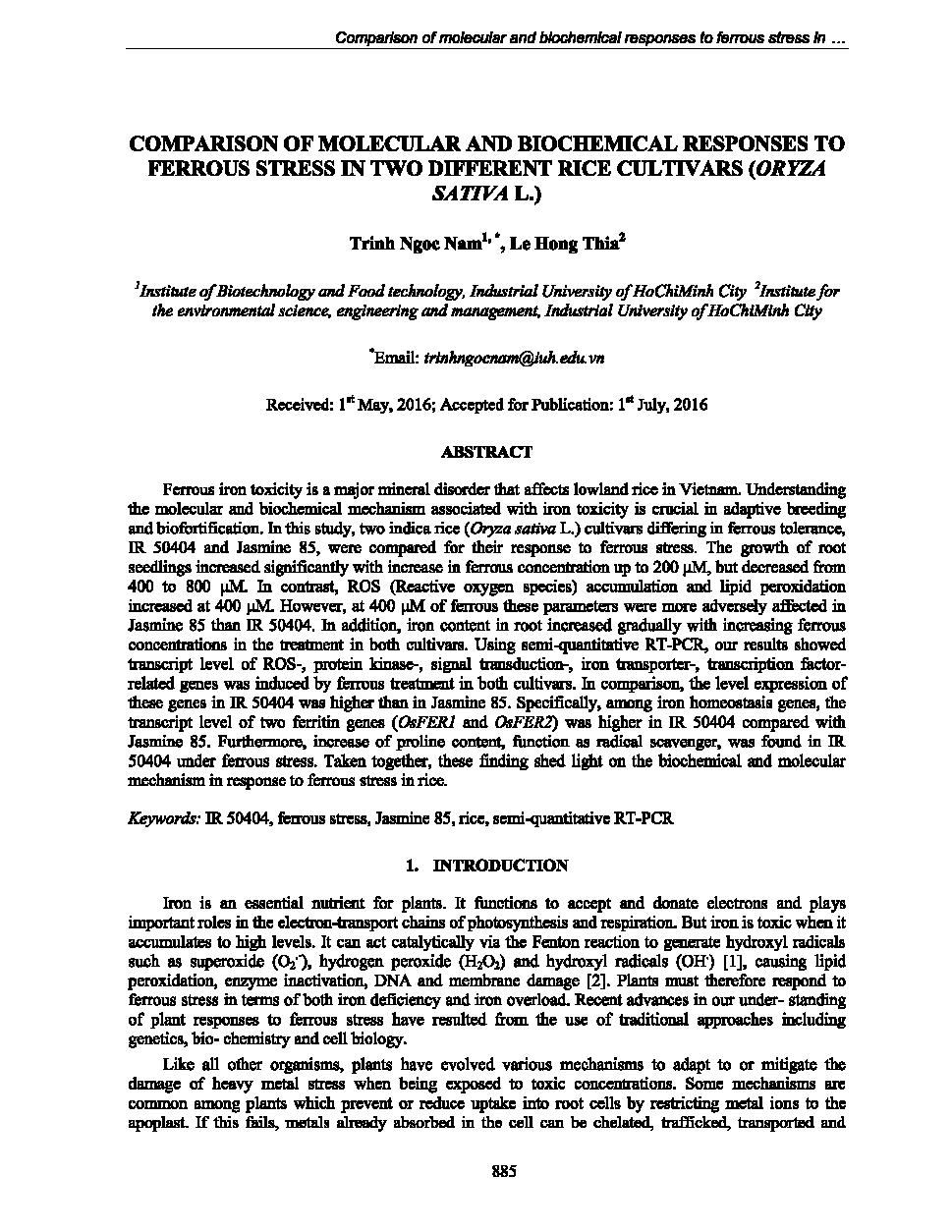 Comparison of molecular and biochemical responses to ferrous stress in two different rice cultivars (Oryza Sativa L.)