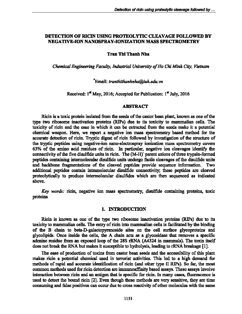 Detection of ricin using proteolytic cleavege followed by negative-ion nanospray-ionization mass spectrometry