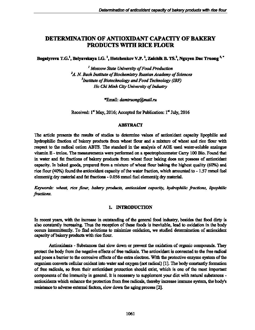 Determination of antioxidant capacity of bakery products with rice flour