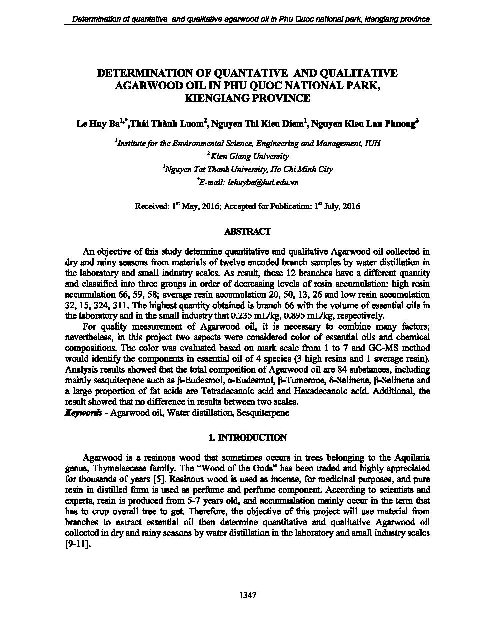 Determination of quantative and qualitative agarwood oil in Phu Quoc national park, Kien Giang province