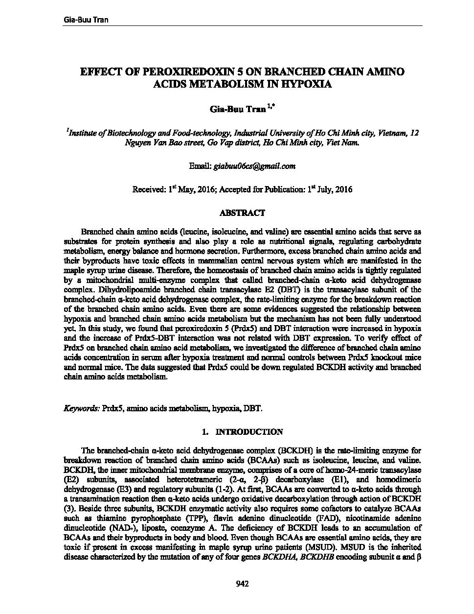 Effects of peroxiredoxin 5 on branched chain amino acids metabolism in hypoxia