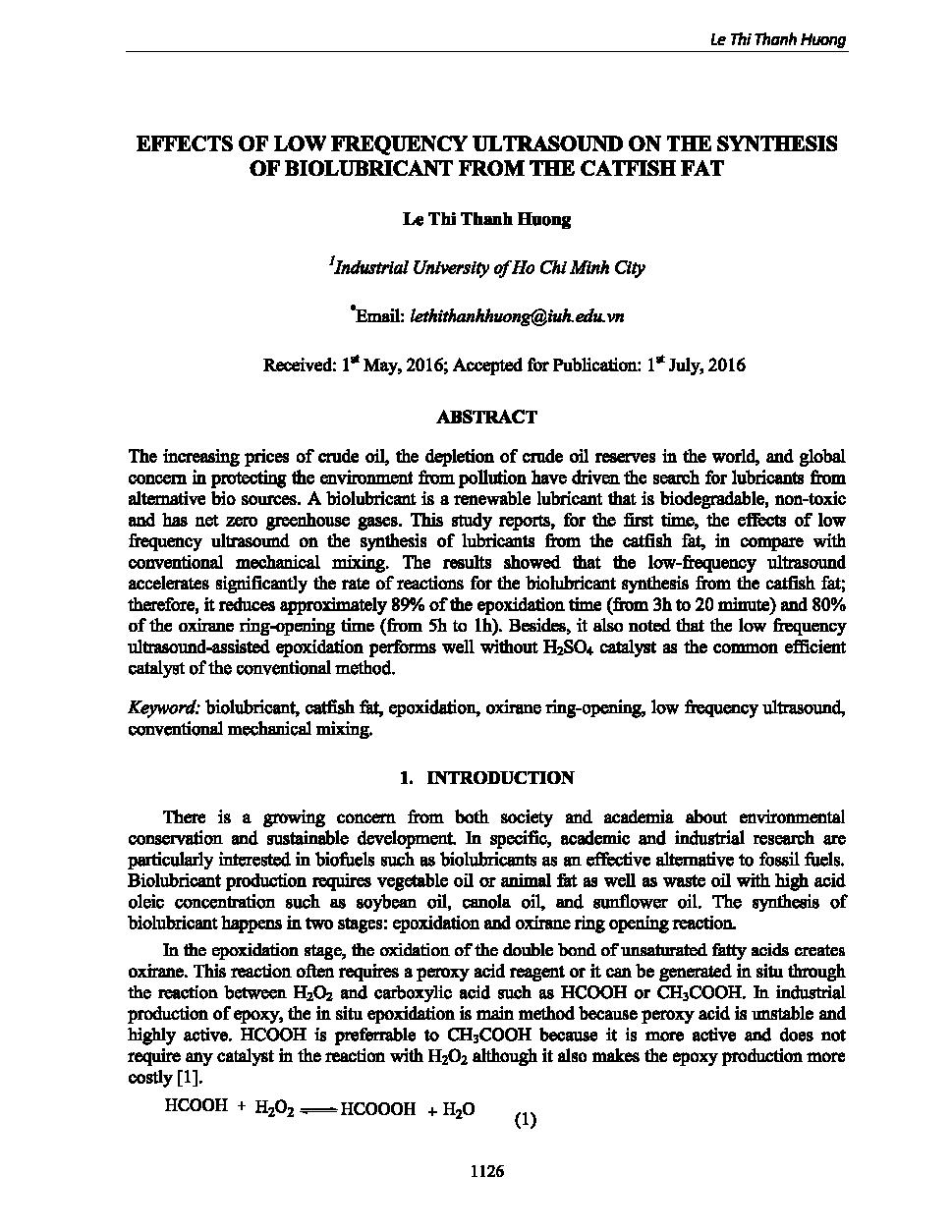 Effect of low frequency UL trasound on the synthesis of biolubricant from the catfish fat