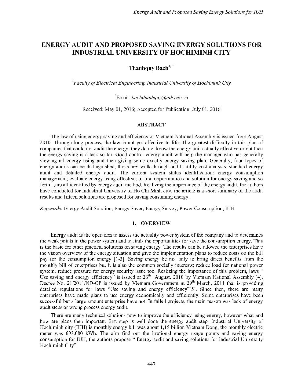 Energy audit and proposed saving energy solutions for industrial university of Hochiminh city