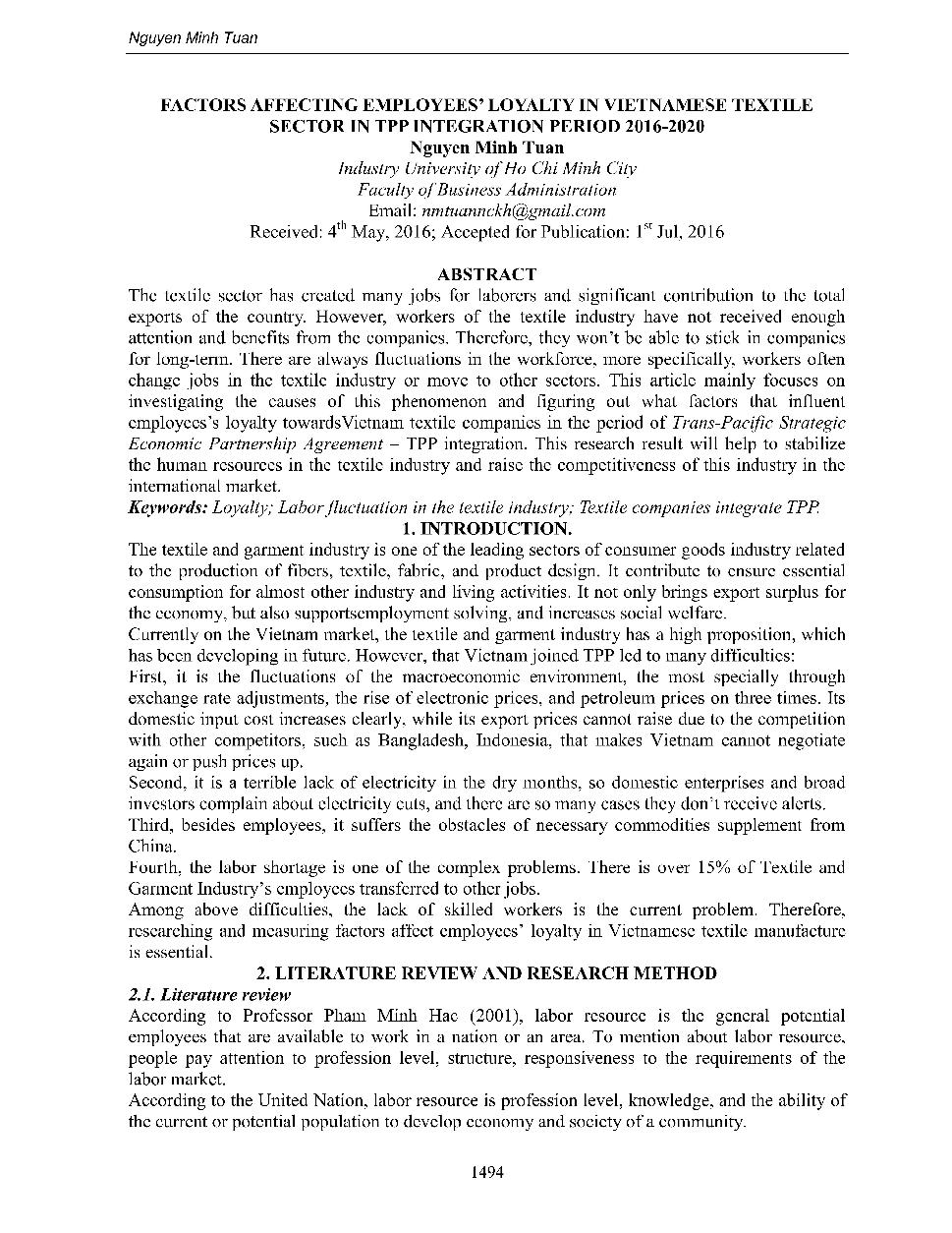 Factors affecting employees' loyalty in Vietnamese textile sector in TPP integration period 2016-2010