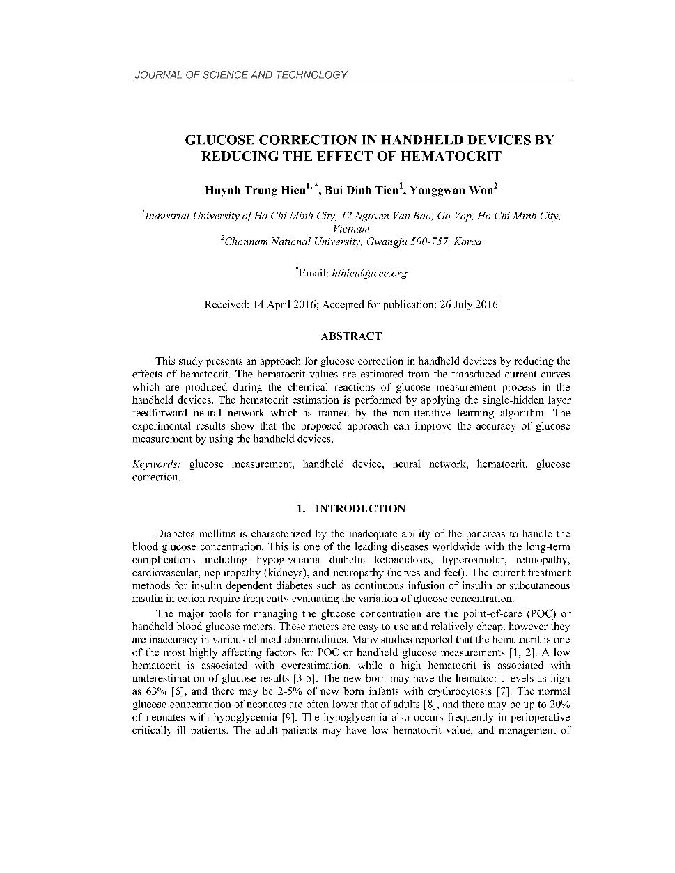 Glucose correction in handheld devises by reducing the effect of hematocrit