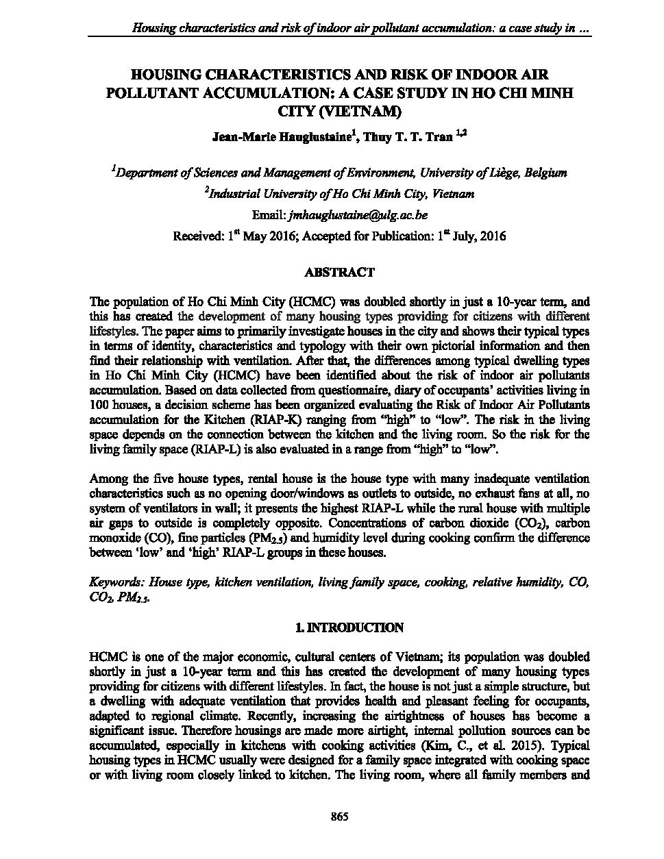 Housing characteristics and risk of indoor air pollutant accumulation :A case study in Ho Chi Minh city (Vietnam)