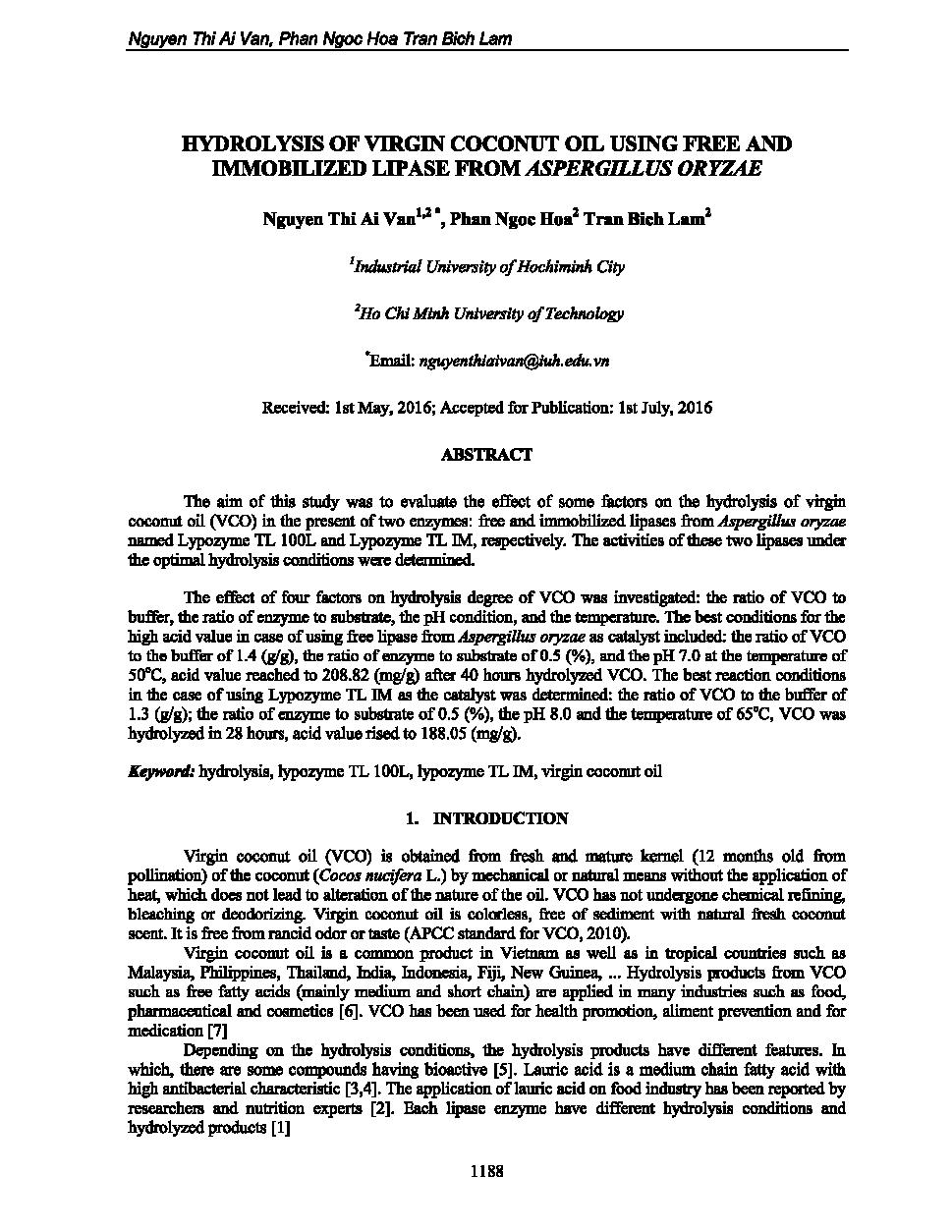 Hydrollysis of virgin coconut oil using free and immobilized lipase from Aspergillus Oryzae