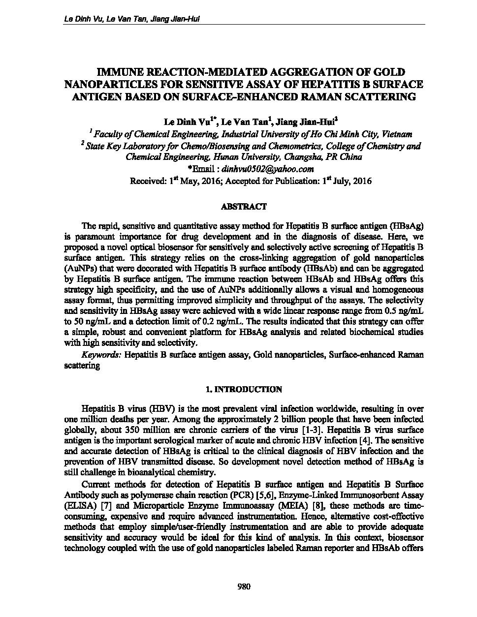 Immune reaction-mediated aggregation of gold nanoparticles for sensitive assay of hepatitis B surface antigen based on surface-enhanced raman scattering