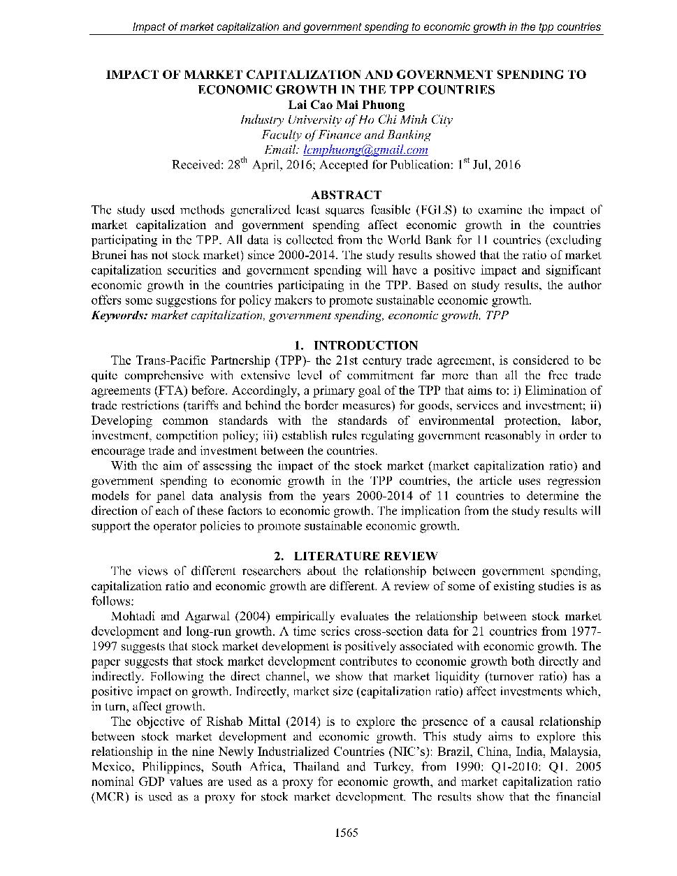 Impact of market capitalization and government spending to economic growth in the TPP countries