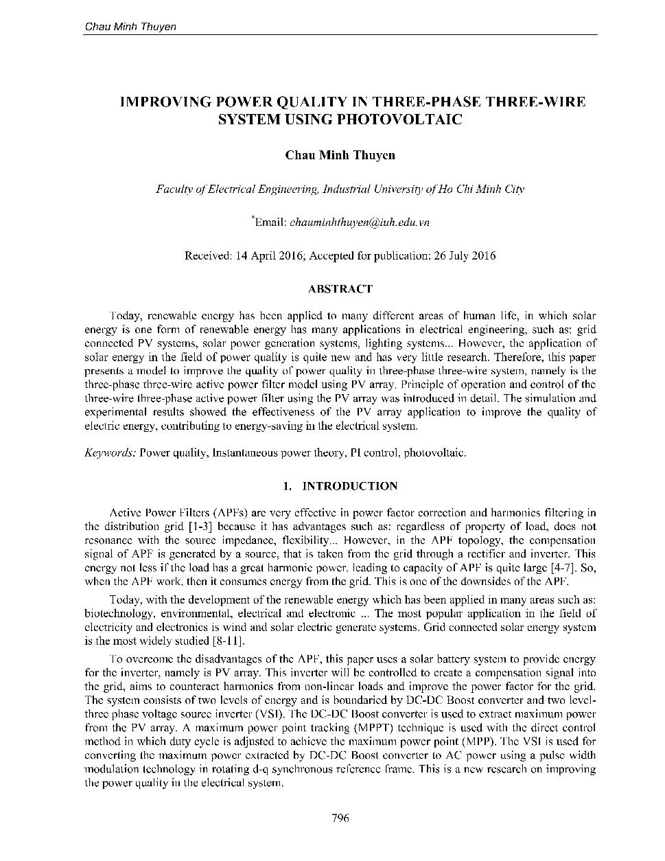 Improving power quality in three-phase three-wire system using photovoltaic