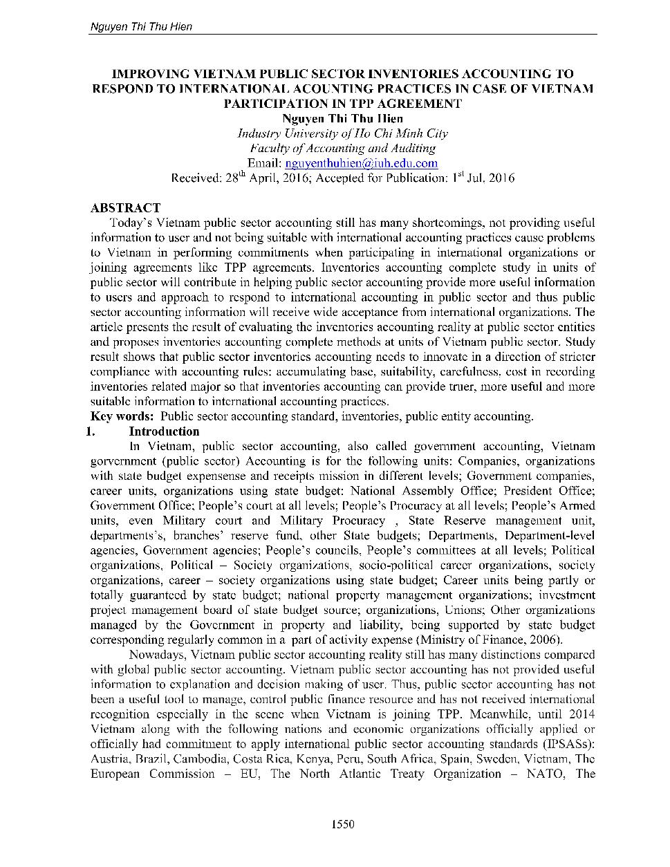 Improving Vietnam public sector inventories accouting to respond to international acounting practices in case of Vietnam participation in TPP agreement