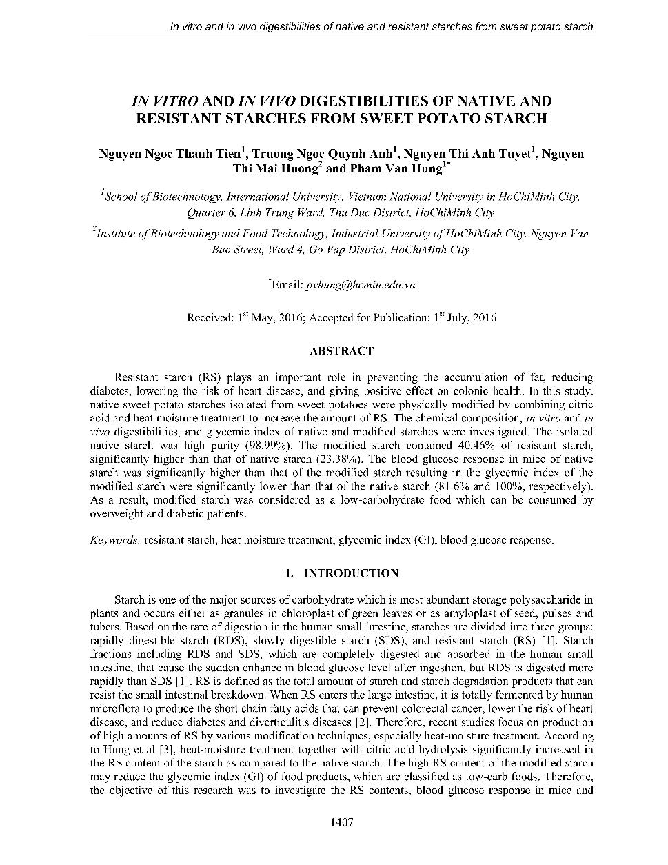 In vitro and in vivo digestibilities of native and resistant starches from sweet potato starch