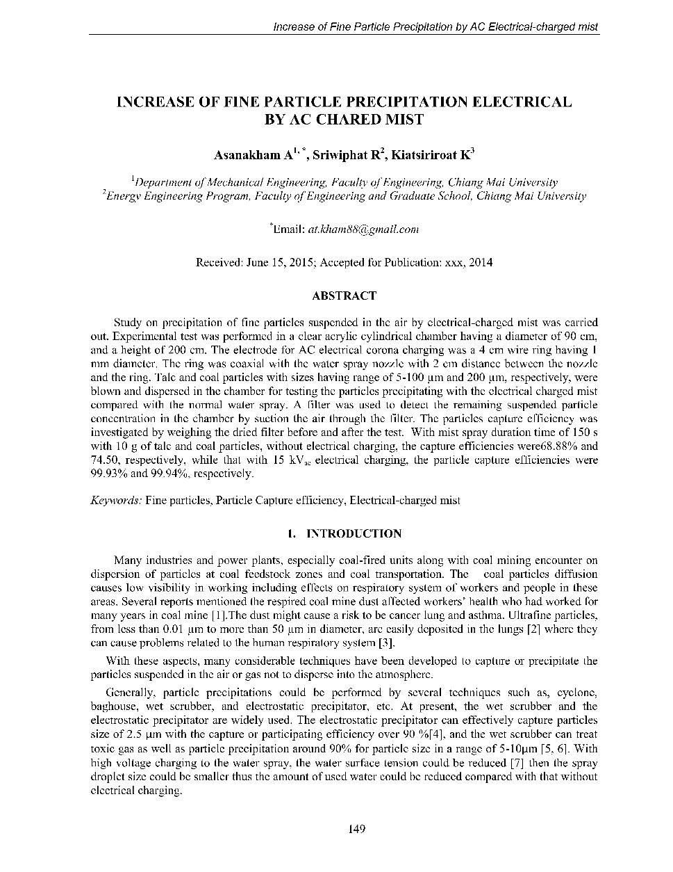 Increase of fine particle precipitation electrical by AC chared mist