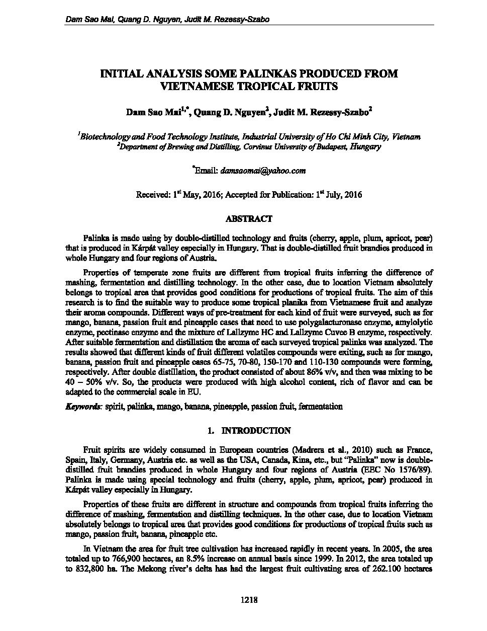 Initial analysis some palinkas produced from Vietnamese tropical fruits