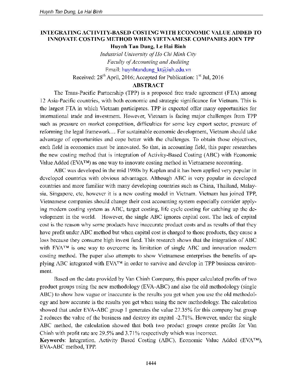 Integrating activity-based costing with economic value added to innovate costing method when Vietnamese companies join TPP