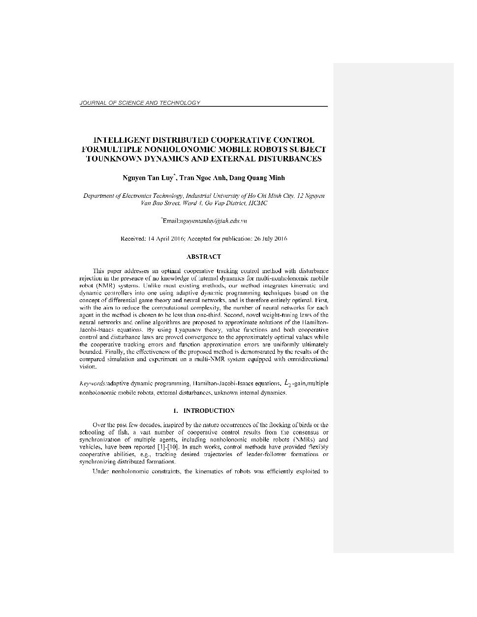 Intelligent distributed cooperative control formultiple nonholonomic mobile robots sunject tounknown dynamics and external disturbances