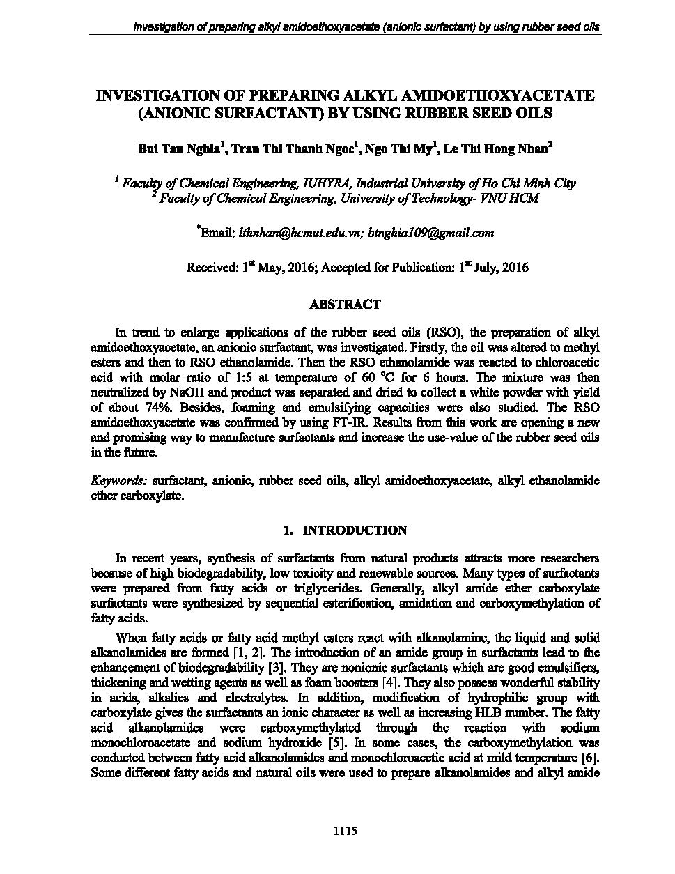 Investigation of preparing alkyl amidoethoxyacetate (anionic surfactant) by using rubber seed oils