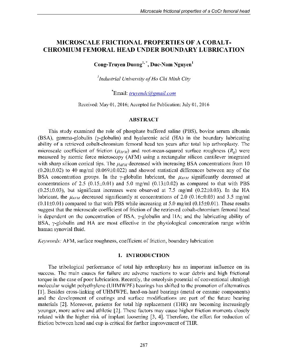 Microscale frictional properties of a cobalt - Chromium femoral head under boundary lubrication