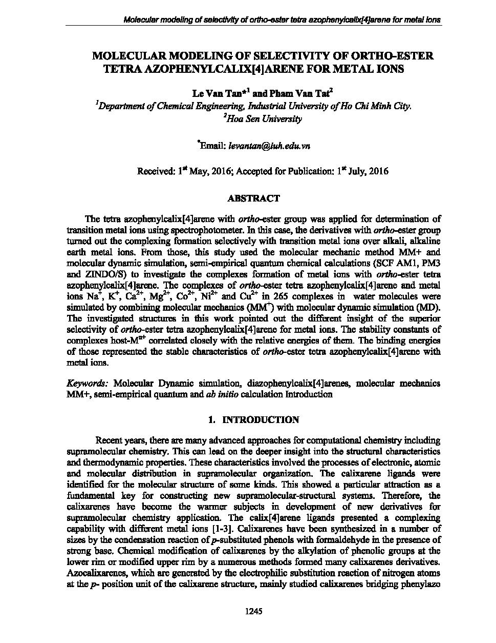 Molecular modeling of selectivity of ortho-ester tetra azophenylcalix arene for metal ions