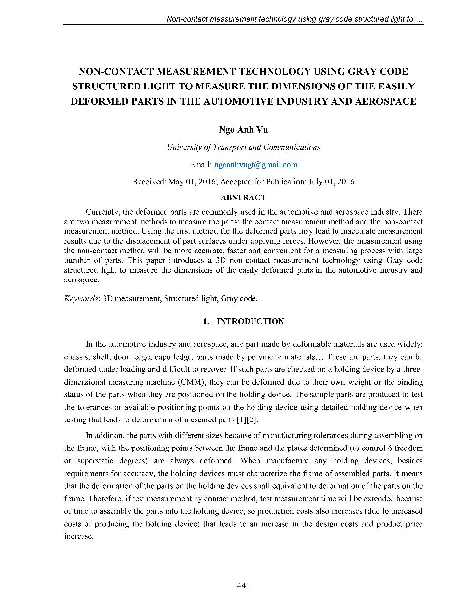 Non-Contact measurement technology using gray code structured light to measure the dimensions of the easily deformed parts in the automotive industry and aerospace