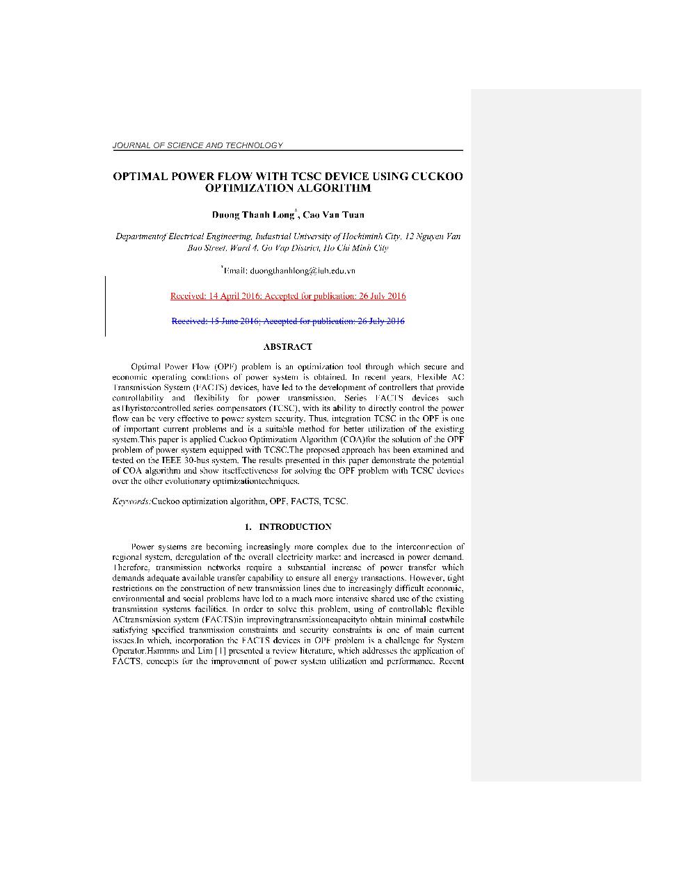 Optimal power flow with TCSC device using cuckoo optimization algorithm