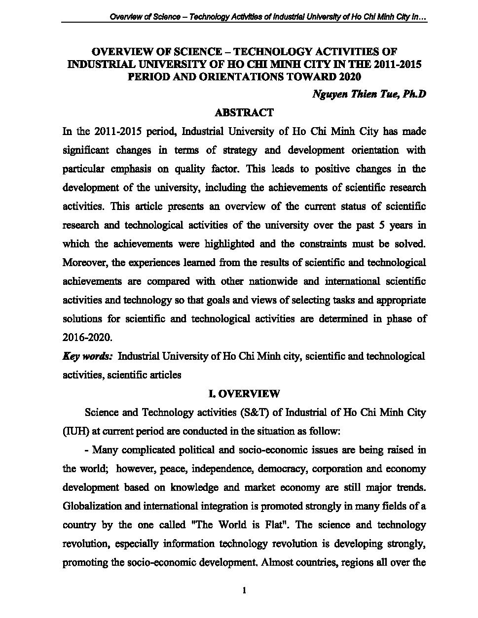 Overview of science - Technology activities of industrial university of Ho Chi Minh city in the 2011 -2015 period and orientations toward 2020