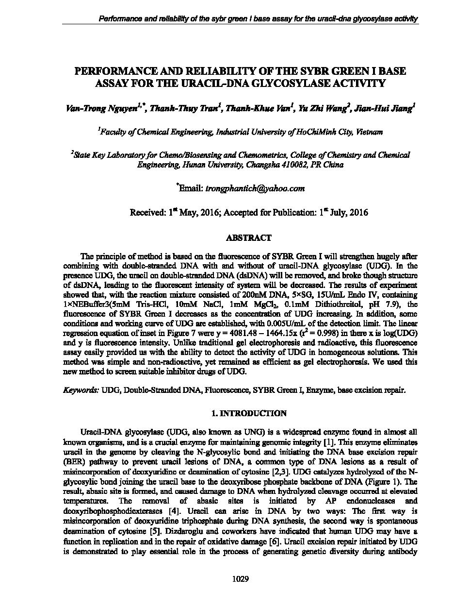 Performance and reliability of the SYBR green i base assay for the uracil - DNA glycosylase activity