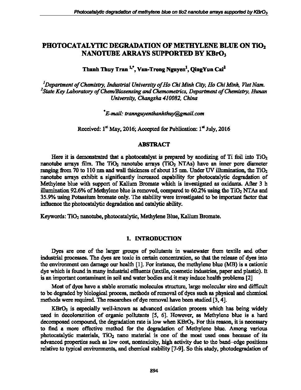 Photocatalytic degradation of methylene blue on TiO2 nanotube arrays supported by KbrO3