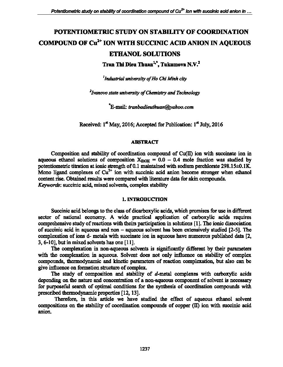 Potentiometric study on stability of coordination compound of Cu2+ ion with cuccinic acid anion in aqueous ethanol solutions