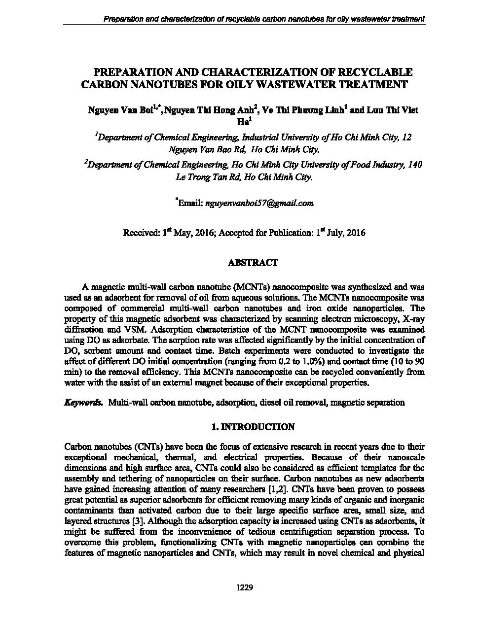 Preparation and characterization of recyclable carbon nanotubes for oily wastewater treament