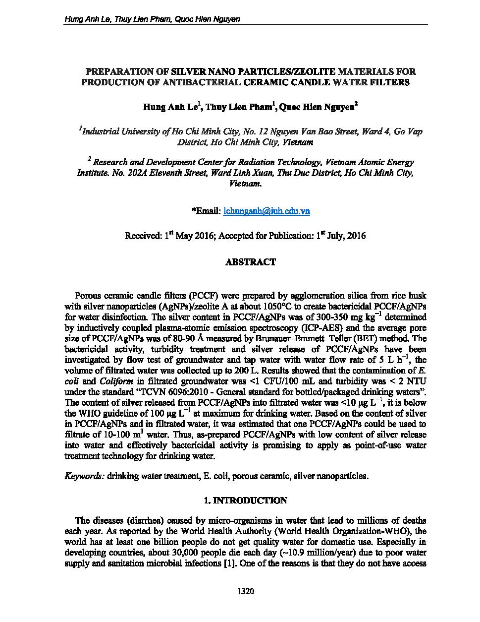 Preparation of silver nano particles/Zeolite materials for production of antibacterial ceramic candle water filters