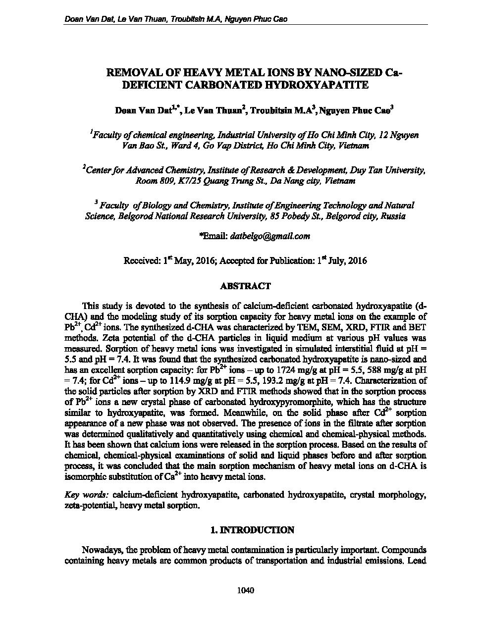 Removal of heavy metal ions by nano-sized Ca-deficient carbonated hydroxyapatite