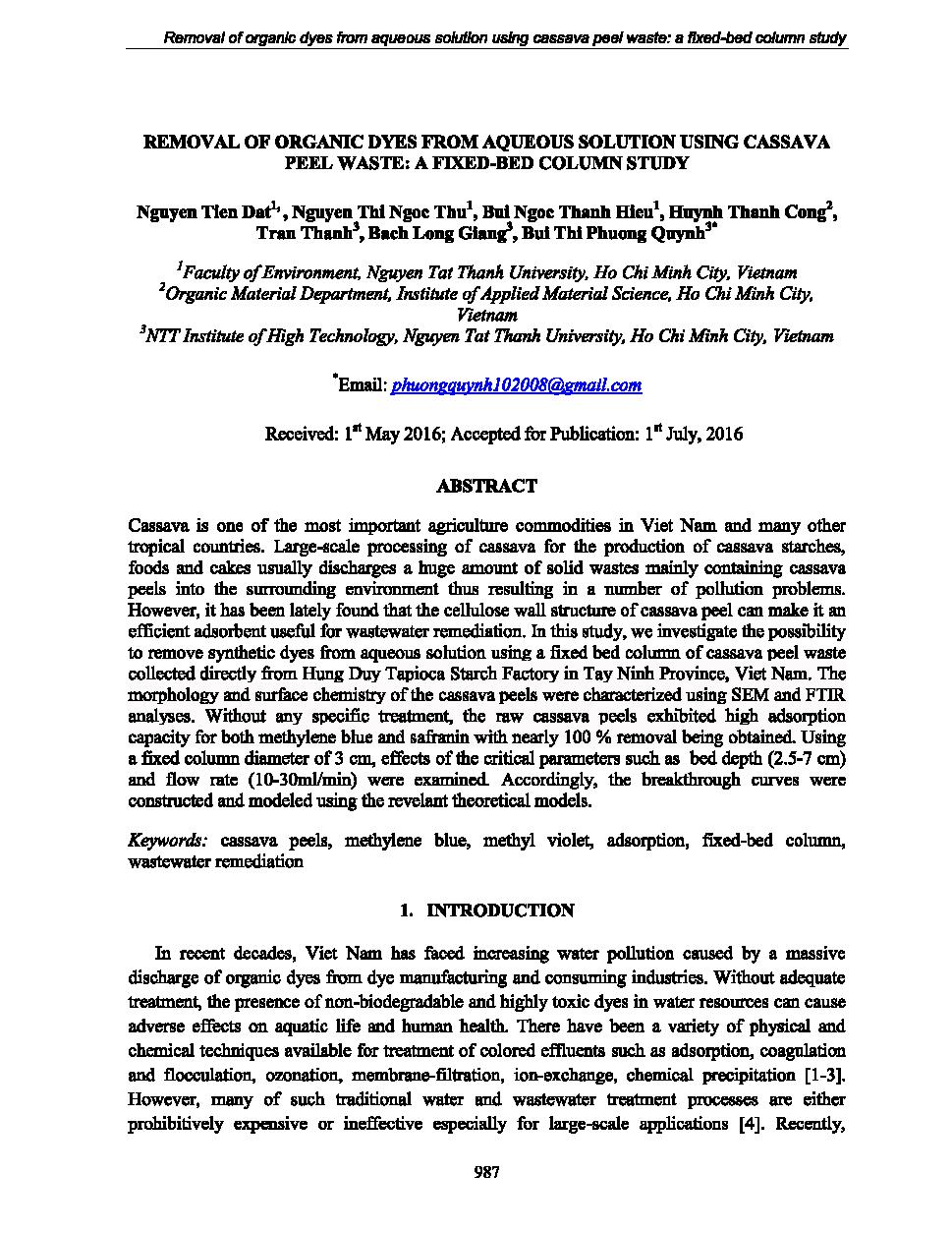 Removal of organic dyes from aqueous solution using cassava peel waste :A fixed-bed column study