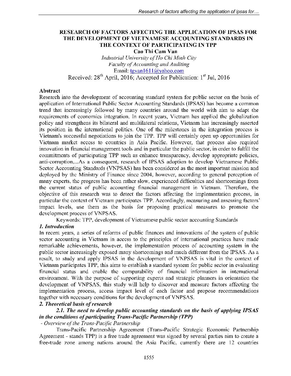 Research of factors affecting the application of ipsas for the development of Vietnamese accounting standards in the context of participating in TPP