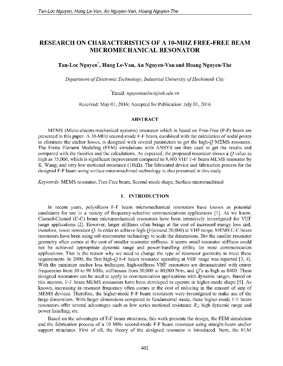 Research on characteristics of a 10-MHZ free-free beam micromechanical resonator