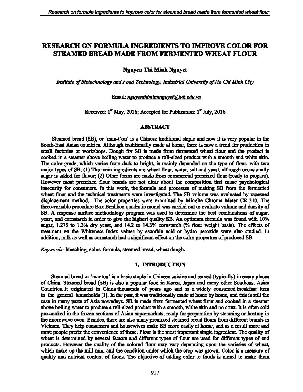 Research on formula ingredients to improve color for steamed bread made from fermented wheat flour