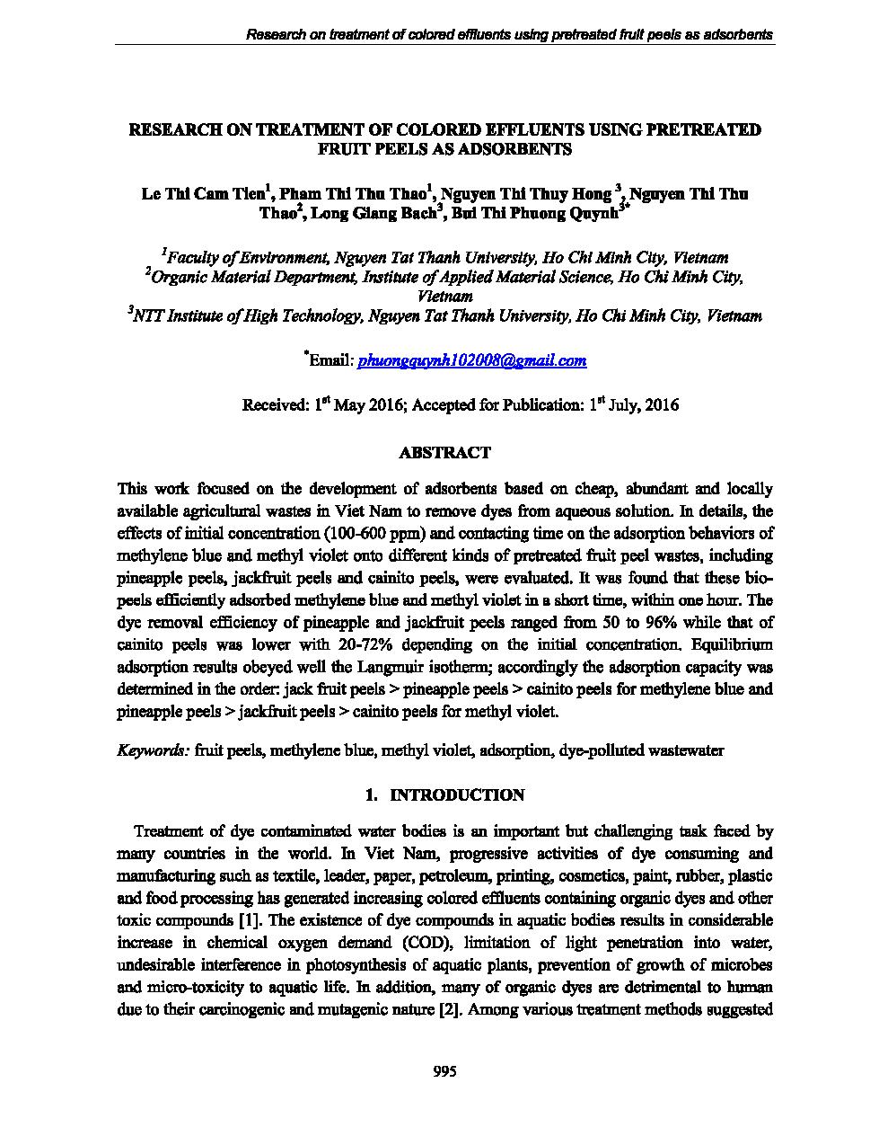 Research on treatment of colored effluents using pretreated fruit peels as adsorbents