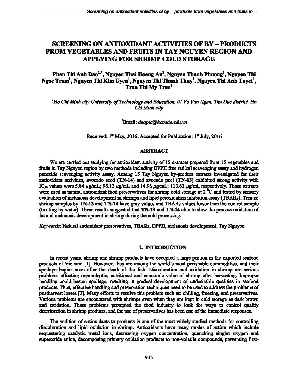 Screening on antioxidant activities of by - Products from vegetables and fruits Tay Nguyen region and applying for shrimp cold storage