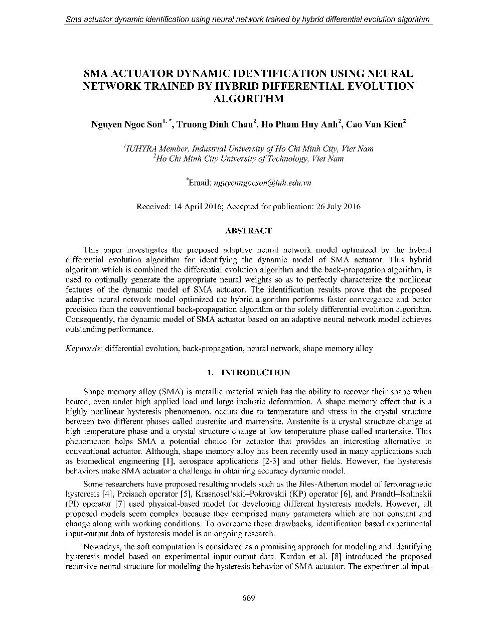 SMA actuator dynamic identification using neural network trained by hybrid differential evolution algorithm