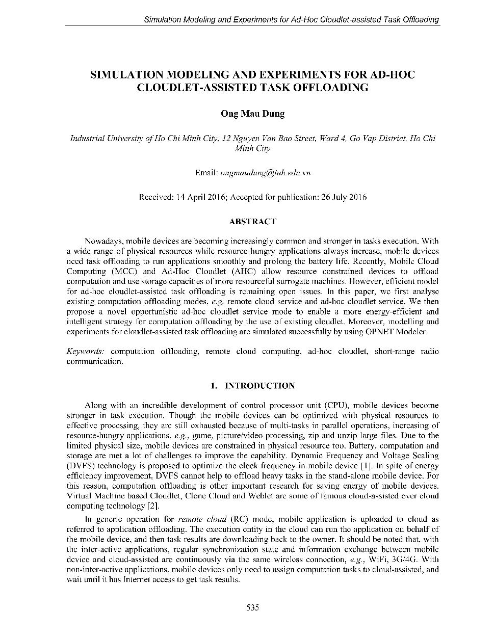 Simulation modeling and experiments for AD-HOC cloudlet-assisted task offloading