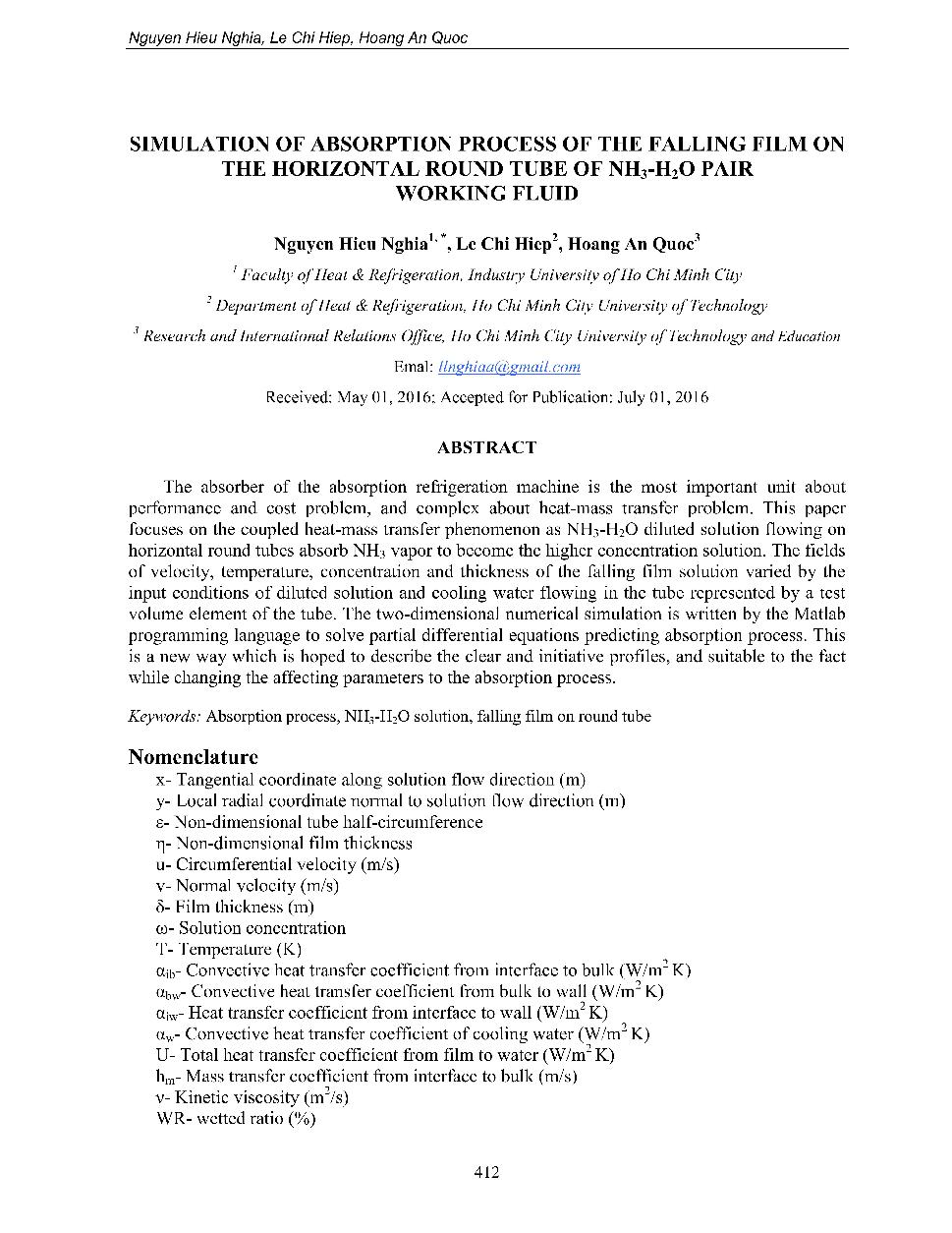 Simulation of absorption process of the falling film on the horizontal round tube of NH3-H2O pair working fluid