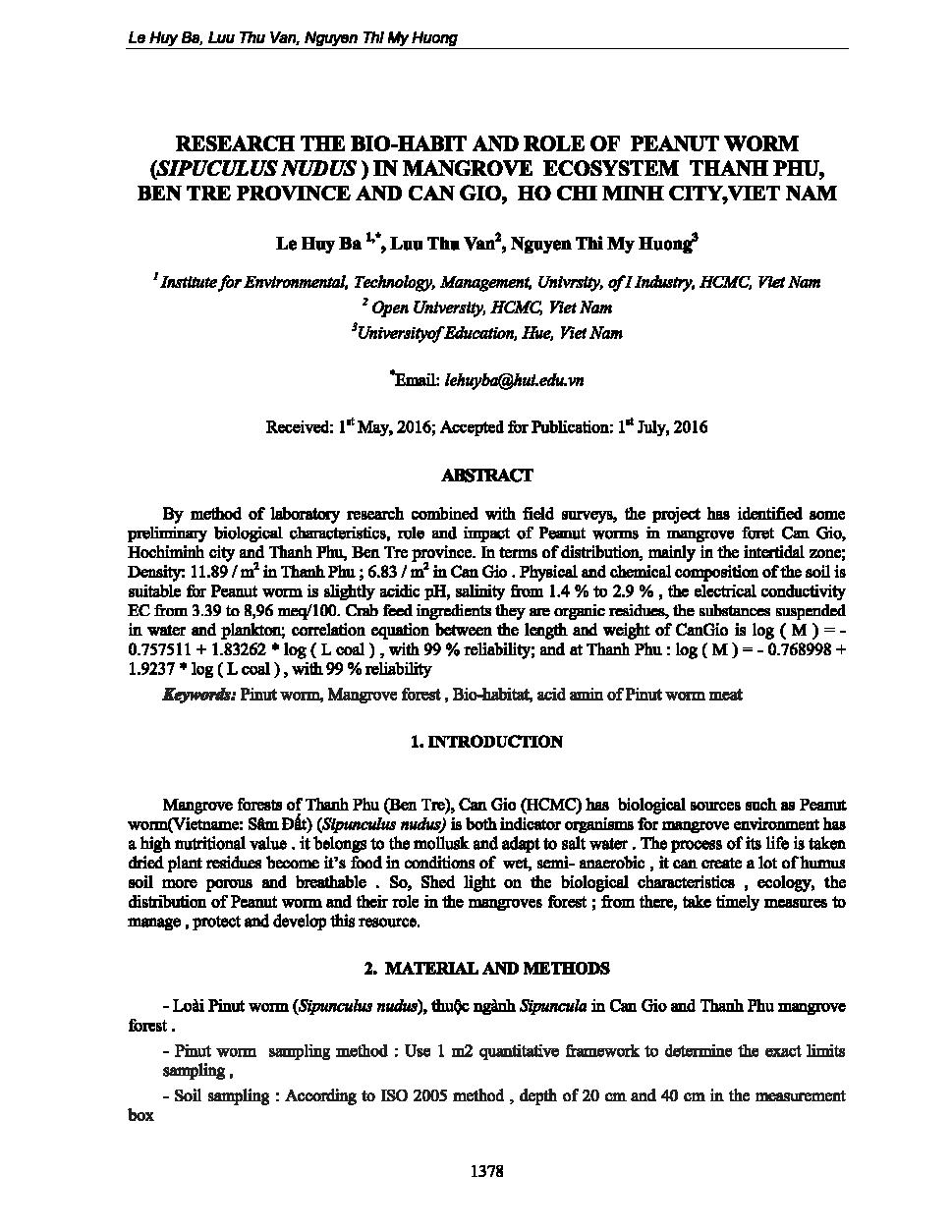 Research the bio-habit and role of peanut worm in mangrove ecosystem Thanh Phu, Ben Tre province and Can Gio, Ho Chi Minh city, Vietnam