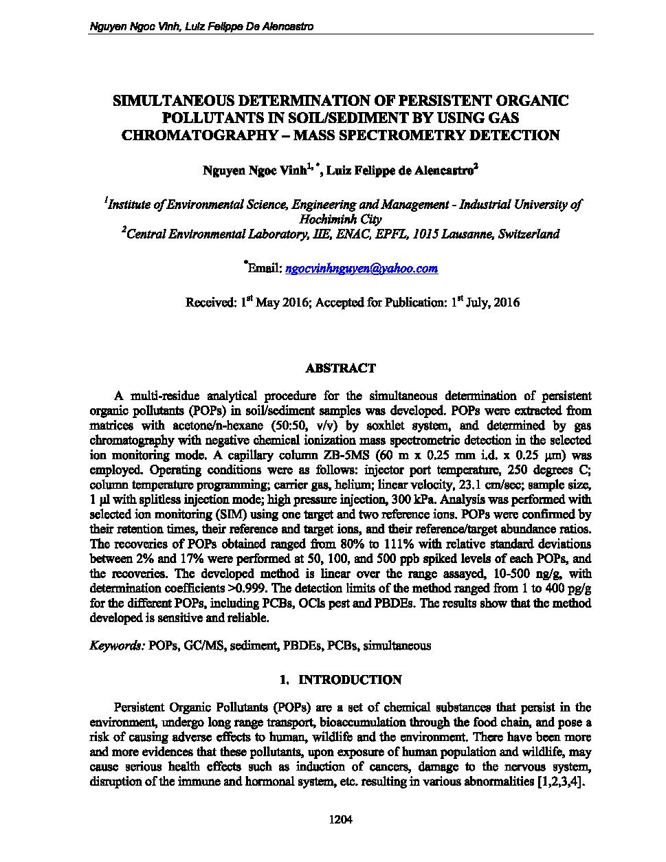 Simultaneous determination of persistent organic pollutants in soil/sediment by using gas chromatography - mass spectrometry detection