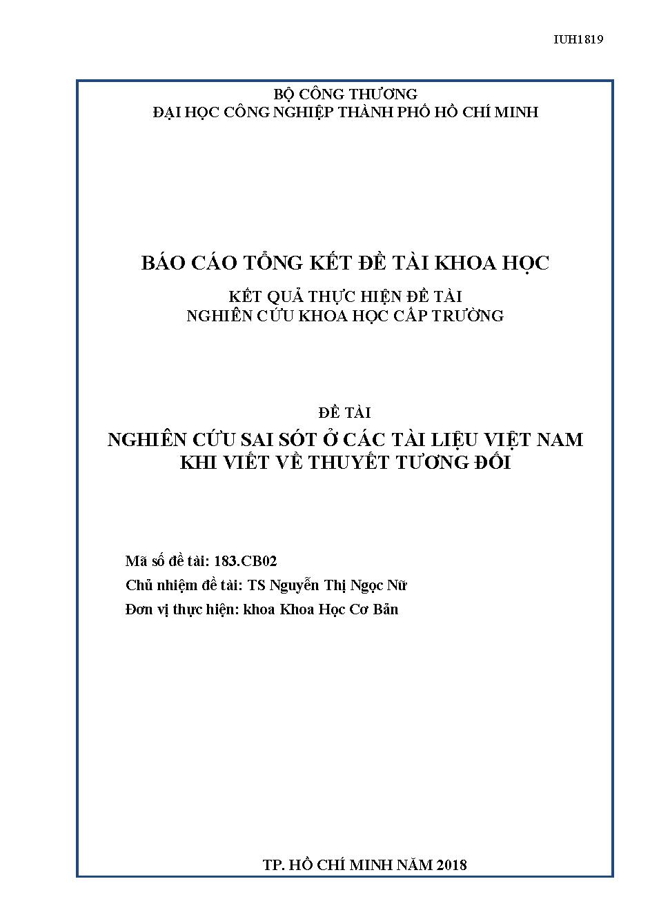 Nghiên cứu sai sót ở các tài liệu Việt Nam khi viết về thuyết tương đối: Báo cáo tổng kết đề tài khoa học cấp Trường