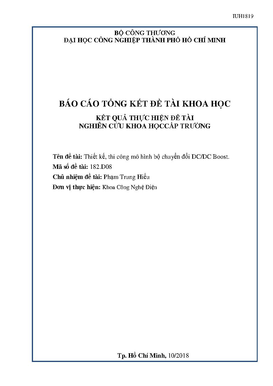 Thiết kế, thi công mô hình bộ chuyển đổi DC/DC Boost: Báo cáo tổng kết đề tài khoa học cấp Trường