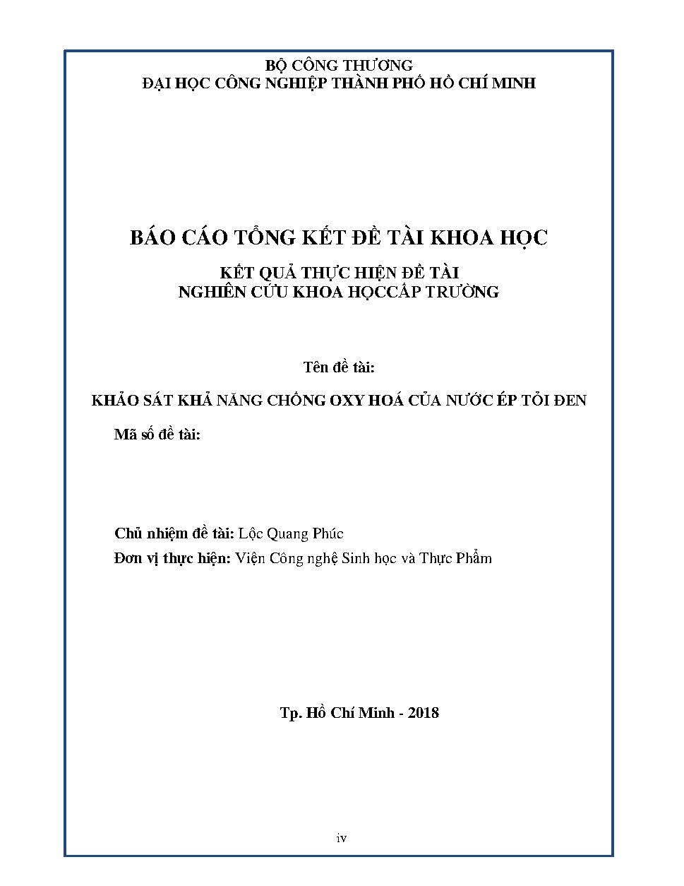 Khảo sát khả năng chống oxy hóa của nước ép tỏi đen: Báo cáo tổng kết đề tài nghiên cứu khoa học cấp Trường