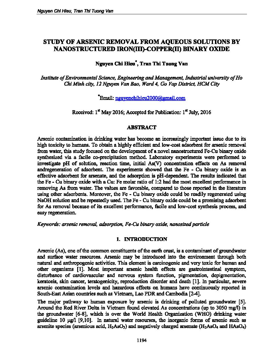 Study of arsenic removal from aqueous solutions by nanostructured iron (III)-C