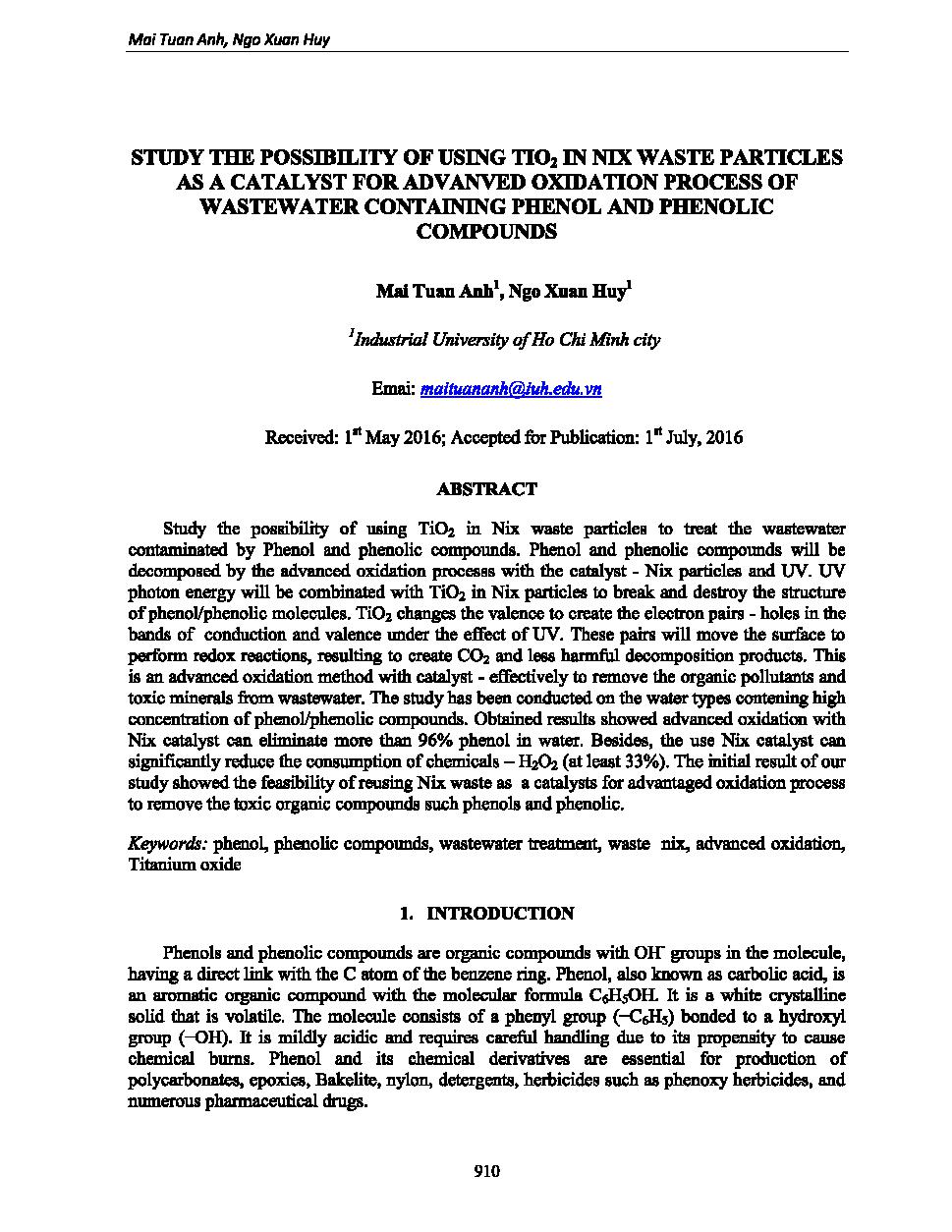 Study the possibility of using TiO2 in nix waste particles as a catalyst for advanved oxidation process of wastewater containing phenol and phenolic compounds